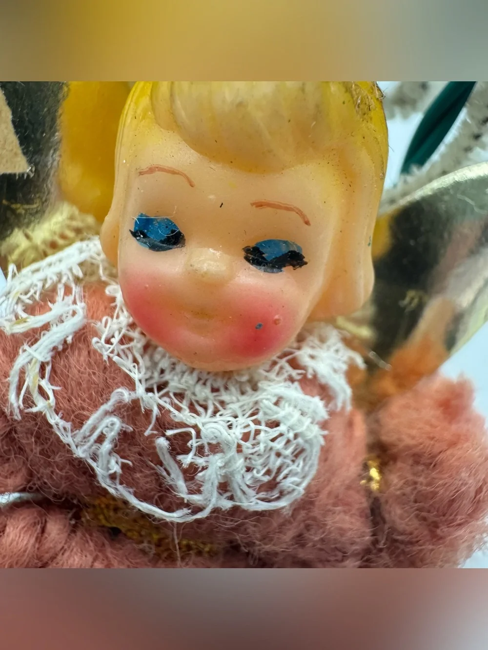 Vintage Made in Japan Angel Christmas String Lights Spun Yarn Rubber Doll Head